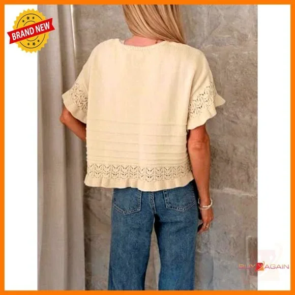 Short Sleeve Sweater Round Neck Ruffled Hem Knit Pullover Summer Casual Top - Picture 4 of 7